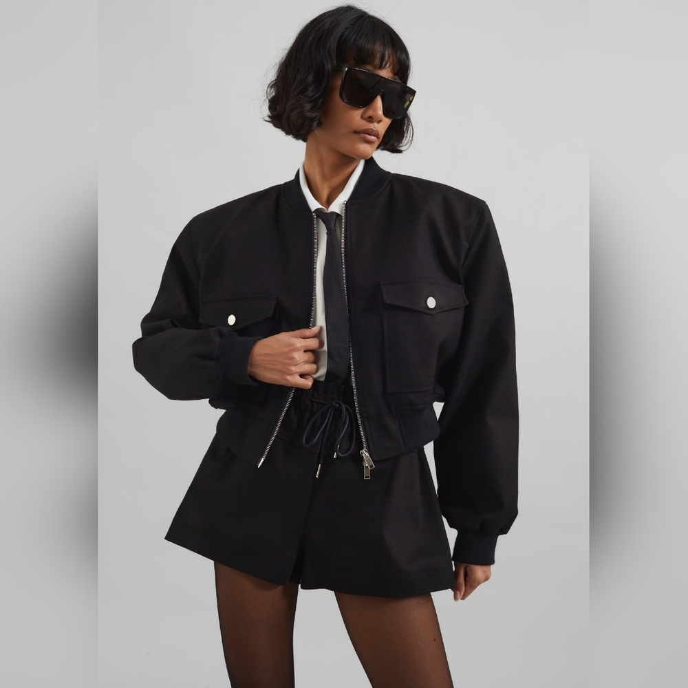 Black Zip-Up Bomber Jacket with Silver Accents